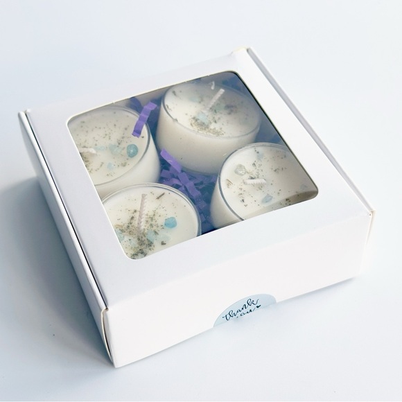 Harmony Tea Light Candle Set  Soy Wax, Herbal & Crystal Infused Set of 4 - Picture 3 of 6
